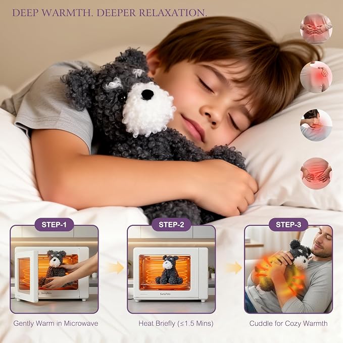 KOWSI® Microwavable Heating Pad Schnauzer Dog Plush - Weighted Stuffed Animal Toy Tourmaline Beads & Lavender - 1.1 lb for Long Lasting Cozy Warmth & Relaxation - Includes Gift Box & Greeting Card