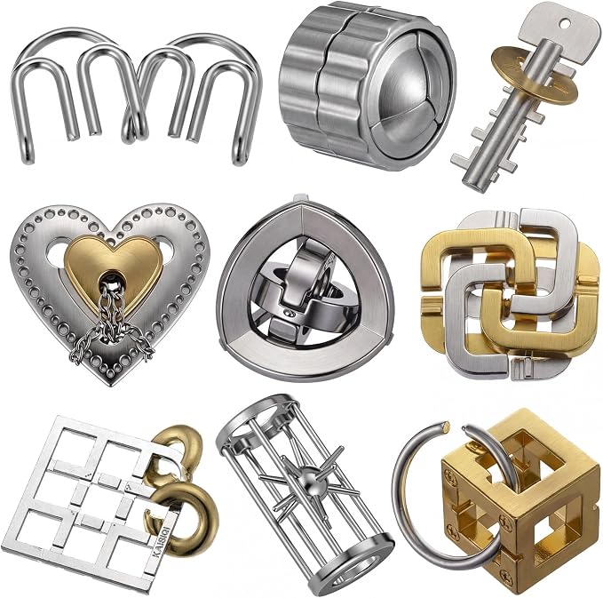 Wettarn 9 Pcs Metal Brain Teaser Puzzles 3D Steel Puzzle Set for Adults IQ Logic Challenge Disentanglement Unlock Interlocking Games Smart Logic Test Toys for Adults Mind Challenge(Novel Style)