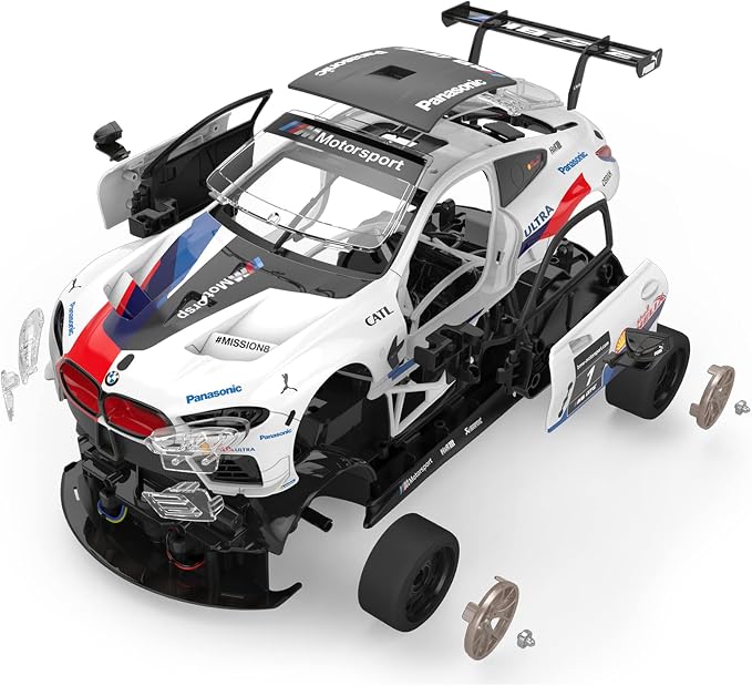 RASTAR Build Your Own RC Car BMW M8 GTE Kit with Remote, Motor & DIY Decals | Officially Licensed, Ideal Gift, 74PCs 1/18 Scale RC Model Car Building Kit with Openable Doors & Working Lights, 97200