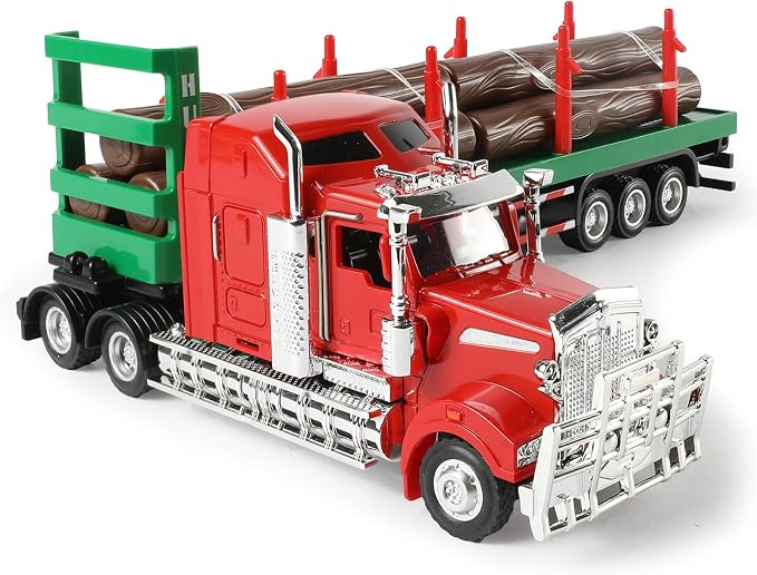 Logging Semi Truck and Trailer Toy, Large 1/50 for Kenworth W900 Diecast Metal Truck Tractor Trailer Transport Series Lumber Gifts for Boys Adult Model Car Collector -Red