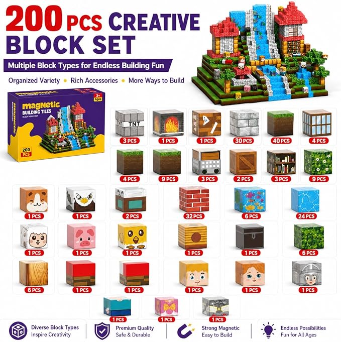 AuroraSynth 200PCS Magnetic Blocks - 0.8in Magnetic Building Blocks Cubes, Magnet Toys for Kids, Stacking Construction Magnets, School STEM Toys Birthday for Boys & Girls Ages 3+