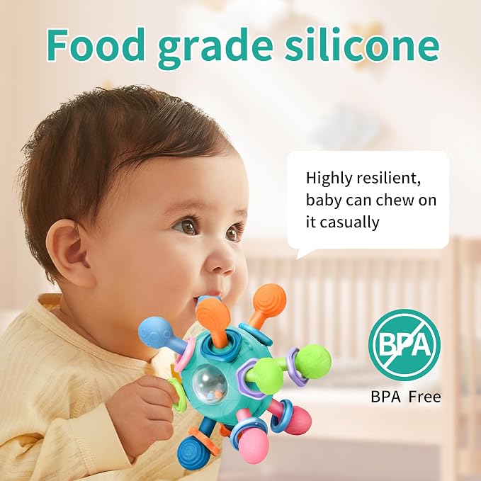 Baby Montessori Teething Toys for 0-6 6-12 Months Infant Teethers Sensory Toys for Babies 0 3 6 9 12 18 Months Learning Developmental Chew Rattle Toys Shower Gifts for 1 2 Year Old Girls Boys Yellow