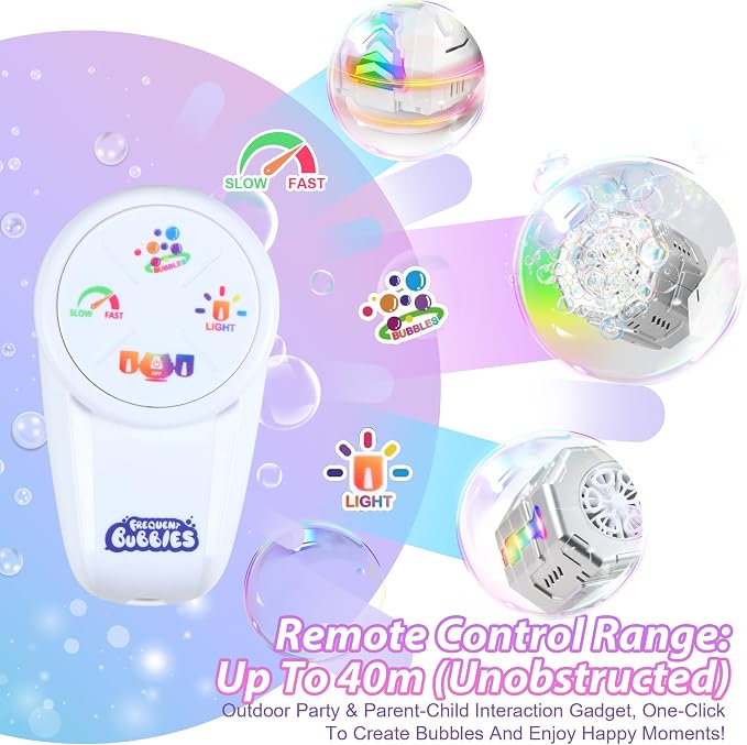 New RC Bubble Machine with RGB Lights, 360° Auto Rotation Bubbles Toy, Rechargeable Battery, Bubble Blower Maker for Kids, Parties, Birthday Gift, Weddings, Indoor Outdoor Activity, Silver-Purple