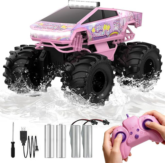 Cokzer Unicorn Cyber Truck Remote Control Car, 1:18 Girl Remote Control Car, 2.4 GHz Waterproof Amphibious RC Cars, 4WD All Terrain Off-Road Pickup for Girls Christmas Birthday Gifts Ages 6+ (Pink)
