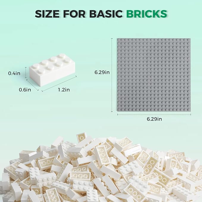 HUIZDQ 500 Piece Classic Building Bricks and 1 Gray Baseplate, 2x4 Bricks Bulk Creative Building Toys, Blocks Bulk for Kids Ages 6+, White(Small Bricks, 1.25x0.62x0.47 in)