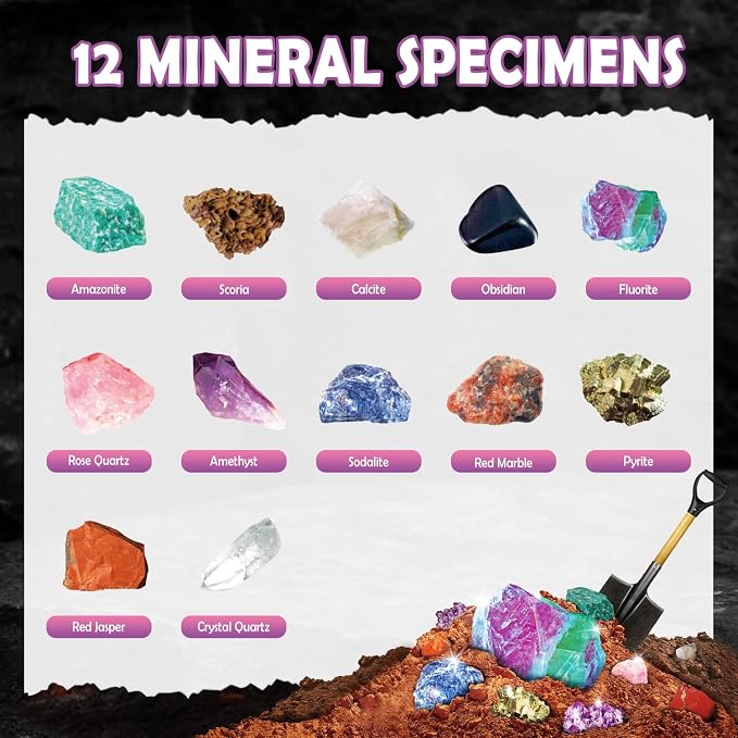 Gem Dig Kit for Kids – Dig Up 12 Real Gems & Rocks, Gemstone Dig Kit,Gem Mining Rock Dig Kit, Educational Excavation Toy Party Birthday Gift for Boys Girls Ages 6+
