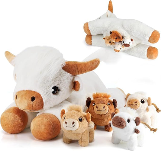 gnomantic Highland Cow Stuffed Animals with Babies, Mommy Toy for Kids | 5-Piece set: 1 mommy highland cow + 4 surprise babies inside. Unzip belly to reveal babies. Ultra-soft, safe for ages 3-8.