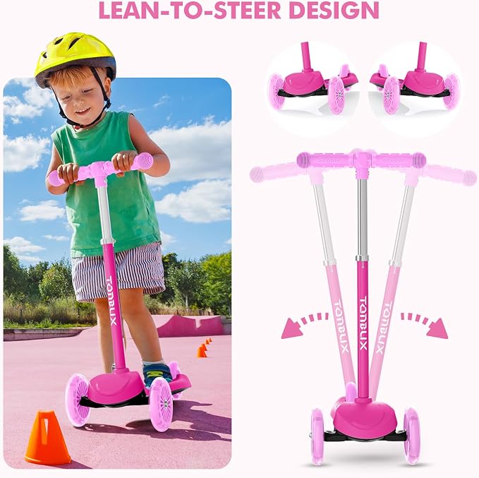 TONBUX Kids Scooter for Ages 3-5, Toddler Scooter with Light-Up Deck and Wheels, Adjustable 4-Level Height 3-Wheel Scooters for Kids, Lean-to-Steer Design