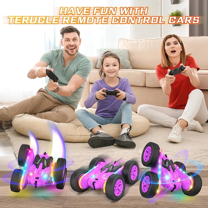 Terucle Remote Control Car, Rc Cars Stunt RC Car Toys New Upgraded Strip Lights and Headlights Girl Toys Double-Sided 360° Rotating 4WD Drift Truck for Boys Girls Birthday Gift (Purple)