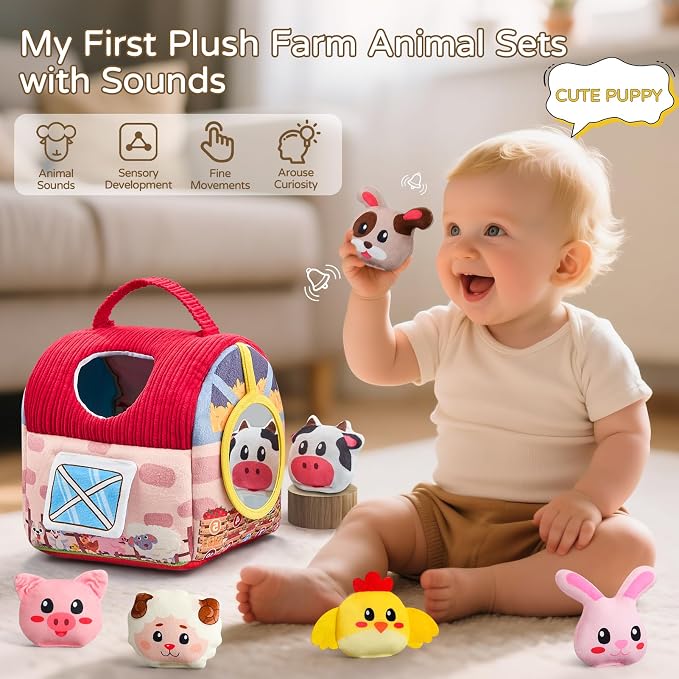 Vanvimen Baby Girl Toys 6-12 Months, Surprise Barn with 12 PCS Stuffed Farm Animals, Montessori Sensory Developmental Learning Toys for 6-12 Months, Ideals 6 7 8 9 Month Old Baby Boy Girl Gifts Toy