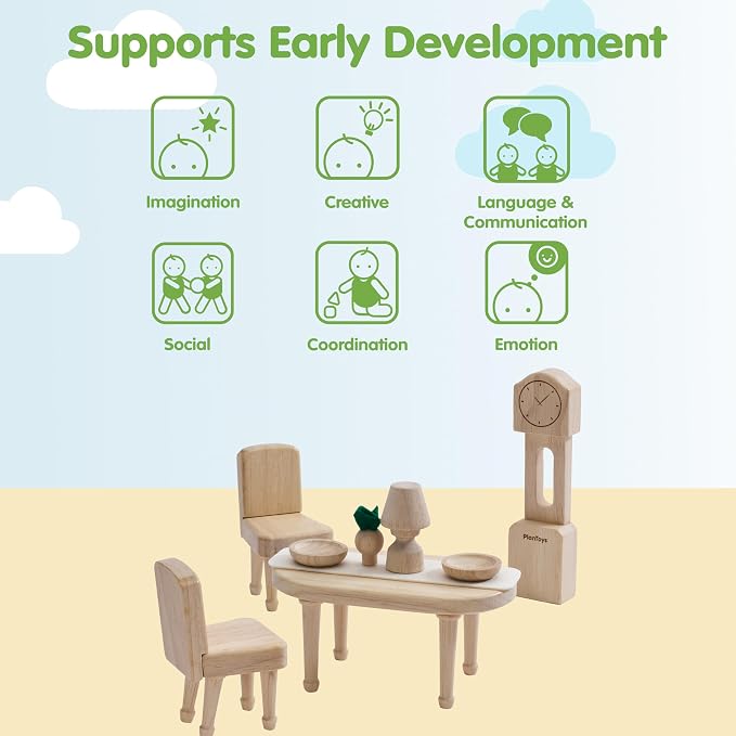 PlanToys® Wooden Victorian Dining Room Set | Montessori Dollhouse Dining Setup for Social Interaction, Mealtime Play & Imaginative Storytelling | Eco Friendly Wooden Dollhouse Dining Furniture