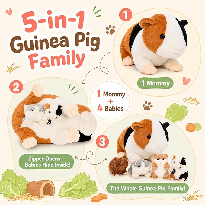 Guinea Pig Stuffed Animal with Babies, 19.7 Inch Mommy Guinea Pig Plush Toy Set with 4 Baby Guinea Pigs, 5 Piece Soft Plush Animals with Zipper Belly, Gift for Kids Girls Boys