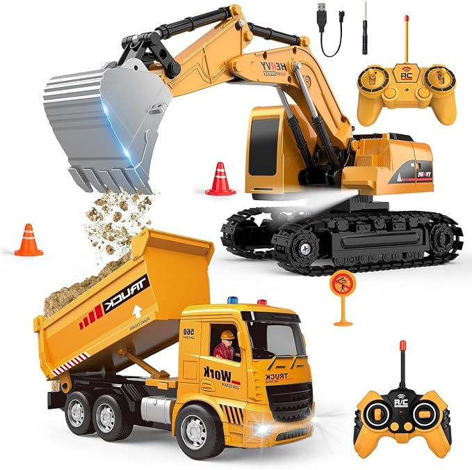 Remote Control Excavator and Dump Truck Toy Set - RC Construction Vehicles Toy with Barricades, Road Signs, Simulated Rocks, Lights and Sounds, Birthday Gifts for Toddlers 3-12 year Boys Girls