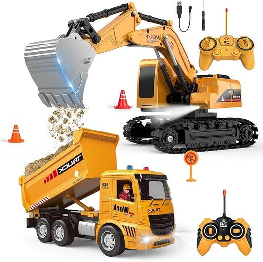 Remote Control Excavator and Dump Truck Toy Set - RC Construction Vehicles Toy with Barricades, Road Signs, Simulated Rocks, Lights and Sounds, Birthday Gifts for Toddlers 3-12 year Boys Girls