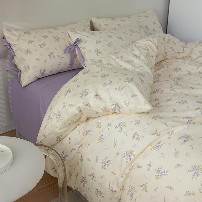 Lilac Floral Comforter Set Full Size Purple Flower Comforter with 2 Bow Ties Pillowcases Cute Floral Bedding Set Vintage Botanical Comforter Set for Girls Women Soft Fluffy Bed Set for All Season