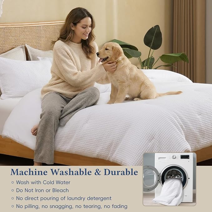 David's Home Waffle Weave Comforter Set 3PCS King Size, Soft Breathable Lightweight Cozy Skin-Friendly Warm for All Season, Elegant Aesthetic Home Decor Bedding Set with Pillow Shams, White