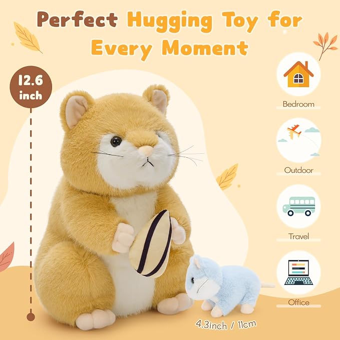 MorisMos Realistic Hamster Stuffed Animal with 4 Surprise Squeaky Babies - 13" Mama Plush Hamster Toy for Kids Girls Boys Birthday Christmas, Educational Family Role Play Gift for Birthday Christmas