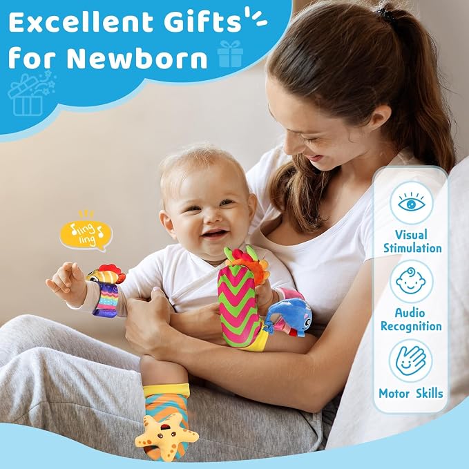 URMYWO Wrist Rattles for Baby - Rattle Socks - Foot Finder Set - Baby Toys for 0-12 Months Infant - Newborn Essentials - Early Learning Sensery Toys for Boy Girl as Shower Gifts