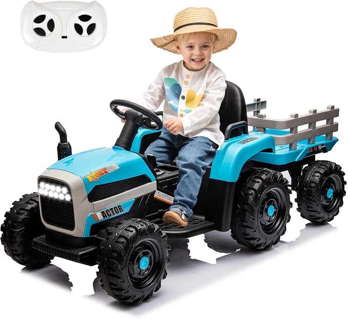 24V Ride on Tractor with Trailer, 400W Electric Car for Kids, Toddler Ride On Toy W/Remote Control, 3 Speed Adjustable, MP3, Bluetooth, LED Light, Blue