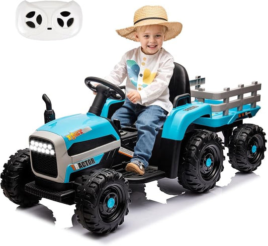 24V Ride on Tractor with Trailer, 400W Electric Car for Kids, Toddler Ride On Toy W/Remote Control, 3 Speed Adjustable, MP3, Bluetooth, LED Light, Blue
