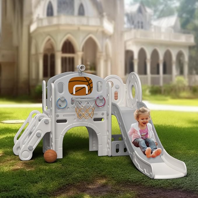 XJD 8 in 1 Toddler Slide Set, Kids Slide for Toddlers Age 1+, Climber Slide PlaySet with Basketball Hoop and Ball,Outdoor Indoor Playground for Toddlers 1-3 (Beige Grey, 8 in 1)