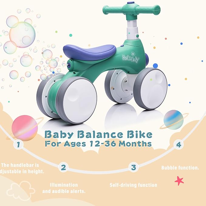 JoyRydz Baby Balance Bike 1 Year Old with Music, Lights, Bubble Machine, 4 Wheels Pedal-Less Toddler Ride on Toys for 12-36 Months Birthday Gift, Toddler boy Toys Ride on car （Dark Green&Blue）