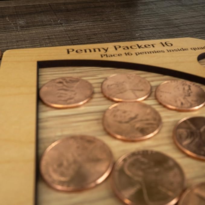 Creative Crafthouse Penny Packer 16 Wood Coin Packing Puzzle for Adults | All the pennies you need are included. Lay each piece flat to find the one solution. A desk and coffee table gift