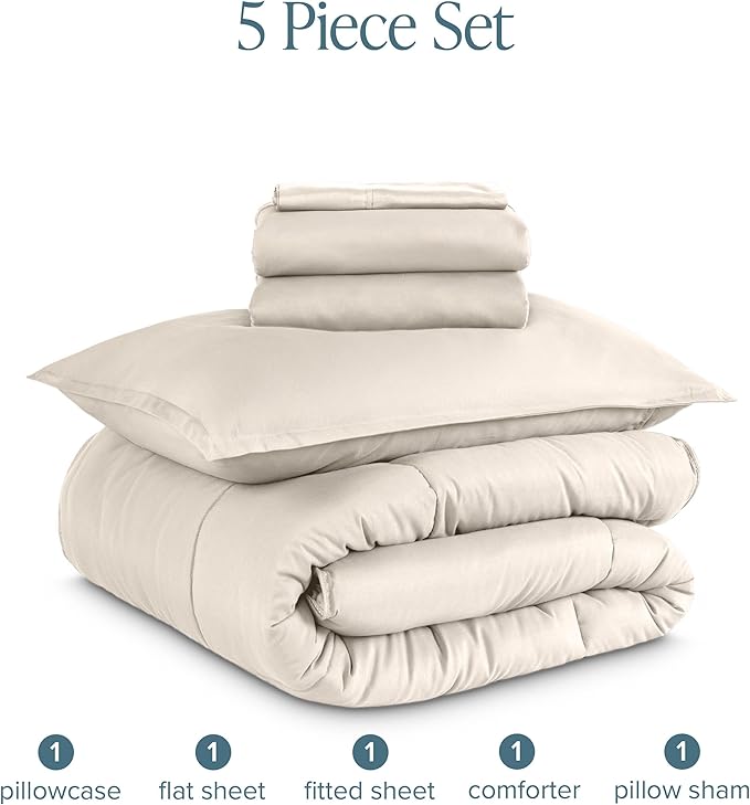 Bare Home Bed-in-A-Bag 5 Piece Comforter & Sheet Set - Twin XL - Goose Down Alternative - Ultra-Soft 1800 Premium Bed Set (Twin XL, Sand/Sand)