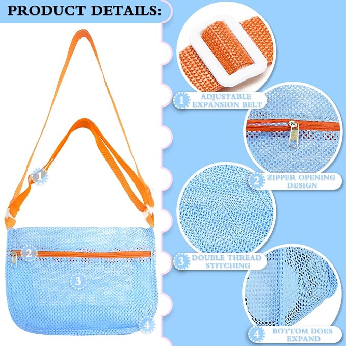 Mesh Beach Bags for Sand Toys - 3 Pack Seashell Collecting Bags with Adjustable Straps, Kids Beach Toy Organizer & Shell Pouch for Boys Girls, Summer Beach Essentials