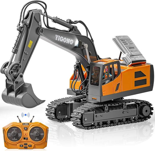 Remote Control Excavator Toy, 11 Channel RC Construction Digger with Metal Shovel, Lights & Sounds, 2.4GHz Rechargeable All-Terrain Excavator for Kids 3-14, Perfect for Sand, Dirt & Outdoor Play