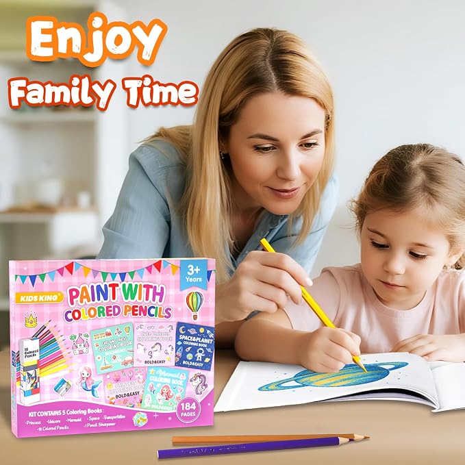 KIDS KING Coloring Book Kit, 5 Themes: Princess | Unicorn | Mermaid | Space | Transportation, Contains Colored Pencils Cute Styles for Painting, Arts & Crafts for Adult and Younger
