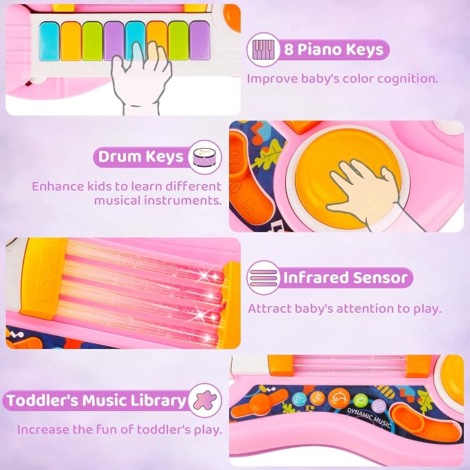 Kids Guitar 2 in 1 Musical Instruments for Kid - Fun Piano Toddler Toy & Electric Guitars | Explore Creativity | Unleash Child’s Talent, Music Toys for Boys & Girls (Pink)