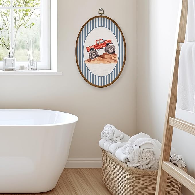 WULQYING Red Truck Boy Nursery Wall Art Decor, Kids Playroom Oval Framed Canvas Art Prints, Blue Striped Truck Wall Hanging Decor for Kids Boys Toddler Room Bedroom Playroom, 8.6x11.4 Inches