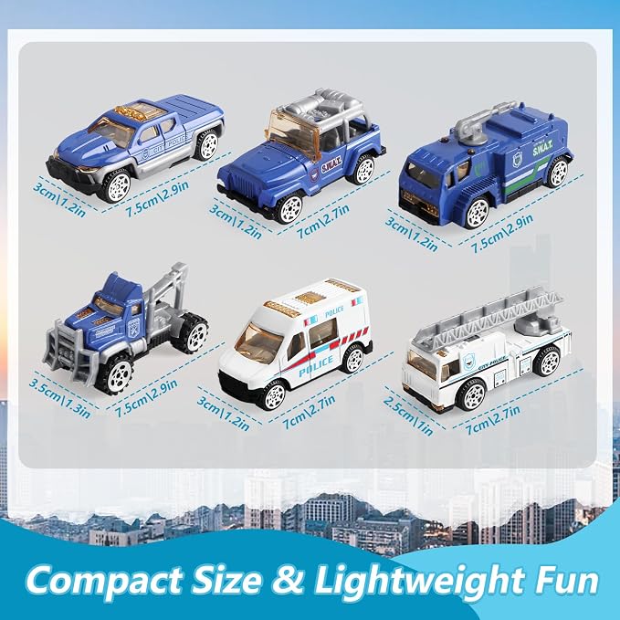 6 Pack Mini Die-cast Car 1/64 Scale Alloy Models Police Vehicle Set for Boys 3-5 6 7 - Ladder, Water Tower, Ambulance, Police Patrol Car & Transport Truck, Patrol - Kids Birthday Xmas Gift