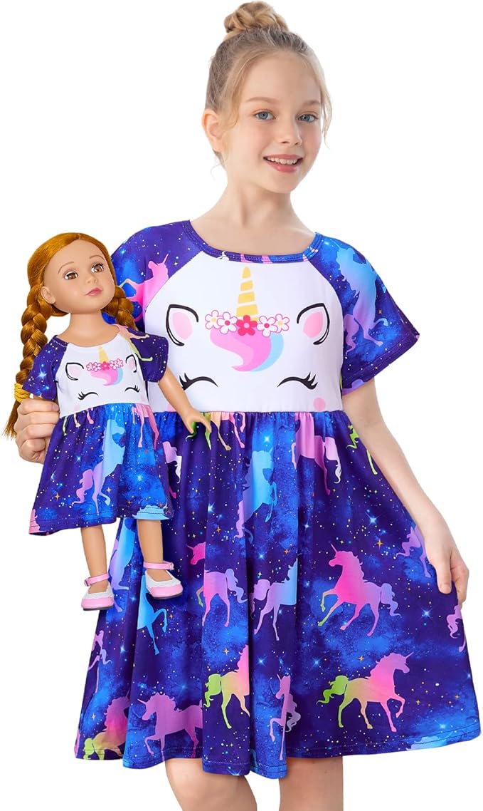 Play Tailor Doll and Girl Matching Nightgown Unicorn Outfit Pajamas Night Dress for Girls and 18" Dolls Clothes