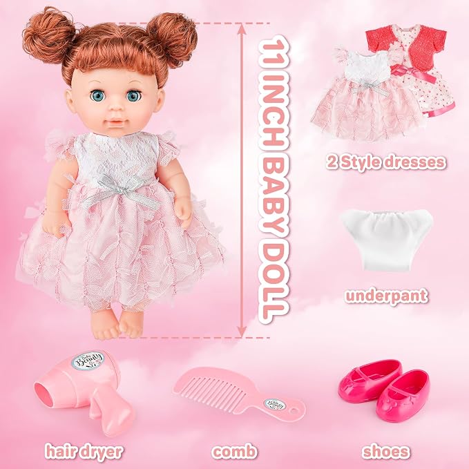 deAO 11 Inch Girl Doll with Hair and Accessories Baby Girl Dolls Toy Set Fashion Doll with Long Fine Hair and Dresses, Shoes, Comb & Hair Dryer Baby Girl Playset