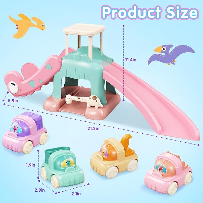 Dinosaur Car Ramp Slide Toy for Toddlers — 4 Push Cars with Race Track, Baby Slide Indoor Toy, Montessori Learning Birthday Gift for Boys Girls 1 2 3 Year Old (Pink)