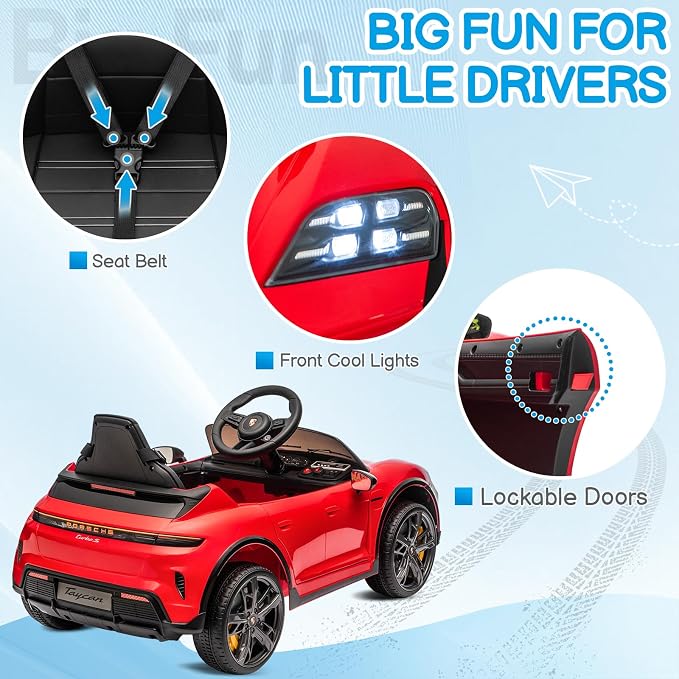 Winado 12V Kids Ride on Car, Licensed Porsche Taycan Electric Car for Toddlers, Battery Powered Ride on Vehicle W/Remote Control, with Bluetooth, 3 Speeds, LED & Rear Lights, Music & Horn (Red)