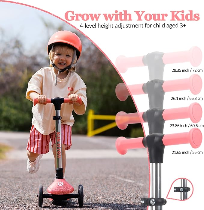 Kicknroll Kids Scooter Light Up 3 Wheel Toddler Kick Scooters with Jelly Glitter Anti-Slip Deck and LED Wheels, 4 Adjustable Heights, Foldable, Lean-to-Steer Design for Girls & Boys 3-12 Max 110 Lbs