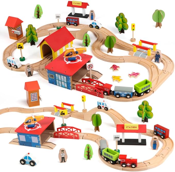 Qilay 69 PCS Wooden Train Set -Premium Wood Train Tracks & Trains Toys for Toddlers 3,4,5 Years Old, Expandable Train Toys Railway Kits for Girls Boys, Fit All Major Bands Train Tracks Set