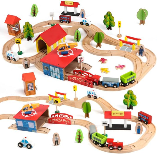 Qilay 69 PCS Wooden Train Set -Premium Wood Train Tracks & Trains Toys for Toddlers 3,4,5 Years Old, Expandable Train Toys Railway Kits for Girls Boys, Fit All Major Bands Train Tracks Set