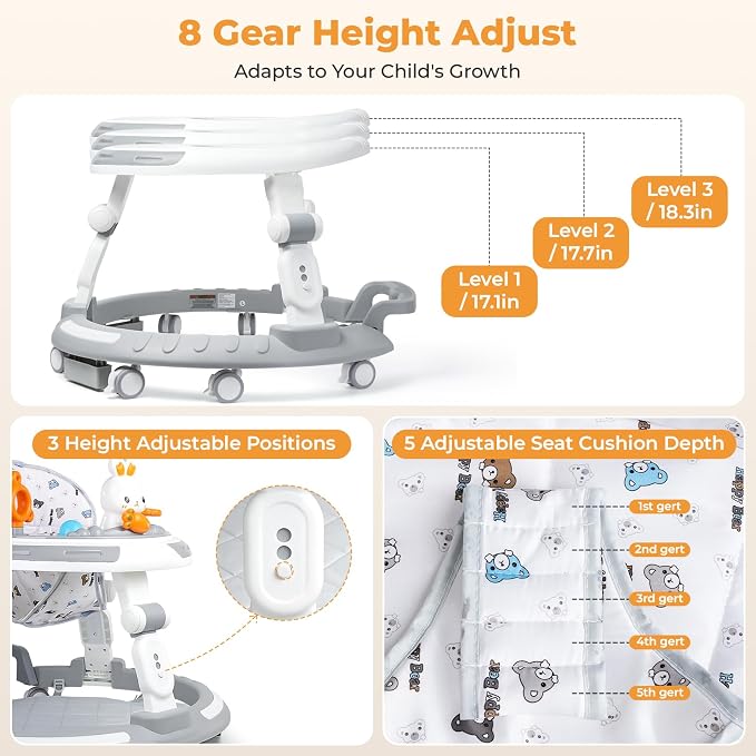 Baby Walker with Wheels - Foldable Baby Walker,4-in-1 Baby Walkers for Boys and Girls 6-12 Months, Infant Walker with Adjustable Height, Baby Activity Walker with Toys, Music, Lights, Anti-Rollover