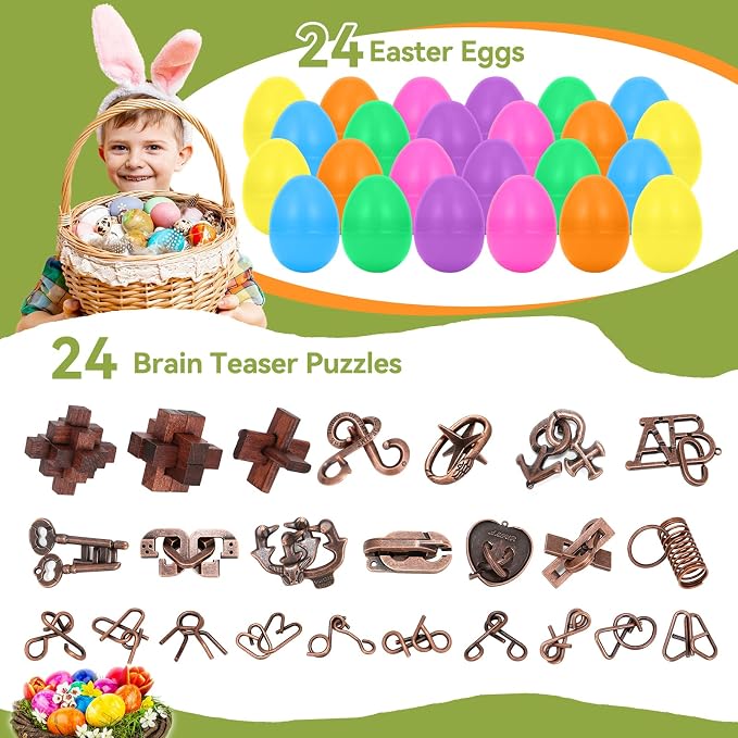 24 Pcs Brain Teaser Puzzles for Adults Teens - Metal Puzzles 3D Puzzle Game Toys for Adults Teens - Wooden Unlock Interlocking Puzzle Adult IQ Education Smart Toys
