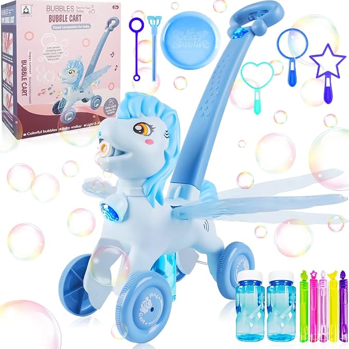 Bubble Machine Blower Blaster Lawn Mower Maker Blue Toy Fun Portable Handheld Operate Automatic Battery Electric Outdoor Summer Birthday Best Gift Light for Toddler Boy Girl Kid 3-12 Year Old