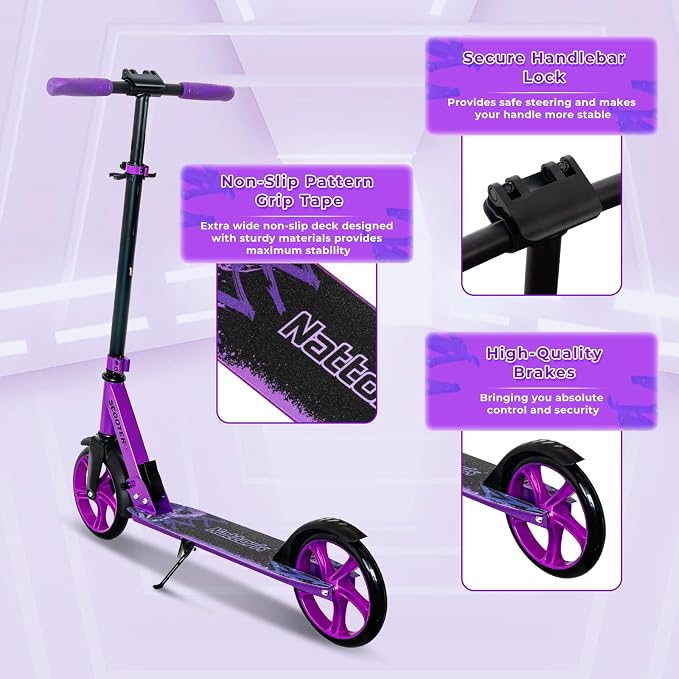 Nattork Scooter for Kids 6+, Teens and Adults- Adjustable Height Folding Kick Scooter with Large Sturdy Wheels for a Smooth Ride, Lightweight, Anti-Shock Suspension for Boys and Girls