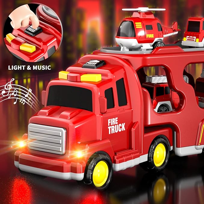 Bennol Fire Truck Toys for 1 2 3 4 5 Years Old Boys Toddlers, Cars Toys Gifts Fire Trucks with Ladder Fire Trucks & Helicopter, Toddler Car Toy Set for Kids Boys Girls