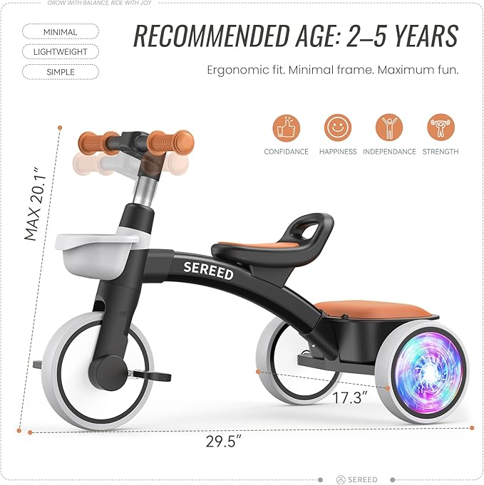 SEREED Colorful Lighting Toddler Tricycle for 2-5 Years Old Boys, Adjustable Seat&Handlebar Trike, Removable Basket, Birthday Gift Idea for Kids Ages 2+ (Black)