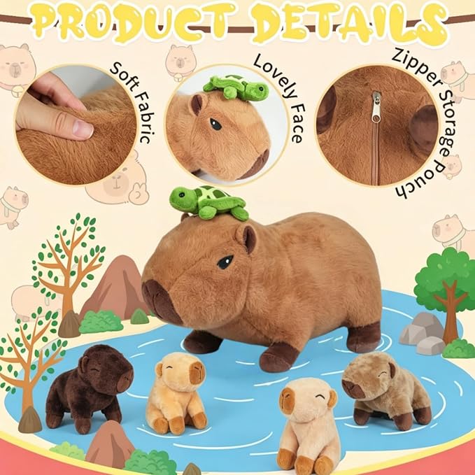 Youthfuljive 5 in 1 Capybara Plush 14.2" Capybara Stuffed Animal with Babies Inside, Mommy Stuffed Capybara Plushies Pillow Toys with 4 Baby Capibaras Peluches for Kids Birthday Party Decor