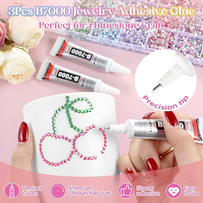 Zefy 43000 Pcs Resin Rhinestones for Bedazzling, 40 Colors 2/3/4 mm Bedazzling Kit for Crafting, Flatback Gems with 3Pcs B7000 Glue for Clothing Shoes Nail Book Diamond Art