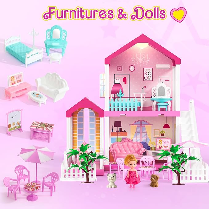 TUZT 2-Story Doll House with Stairway, Toy Figure, Pet Dogs, Furniture and Accessories, Pretend Play Dream Dollhouse with Light, Christmas Birthday Gifts for Kids Toddlers Girls Aged 3 4 5 6